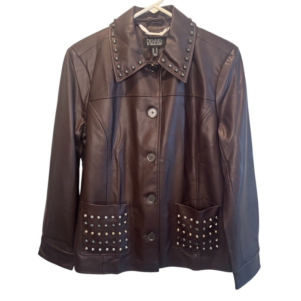 Dennis by Dennis Basso Womens Brown Faux Leather Studded Jacket Small NEW